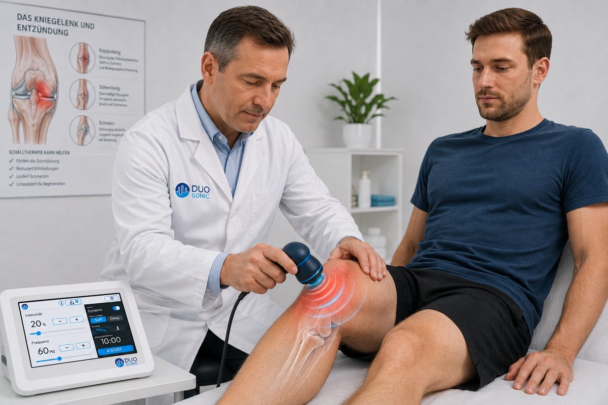 Behandlung mit dem DuoSonic am Knie: Der Arzt setzt den Applikator seitlich am Kniegelenk an, das Gerät steht mit sichtbarer Touchbedienung daneben. Die Schallausbreitung ist grafisch hervorgehoben.