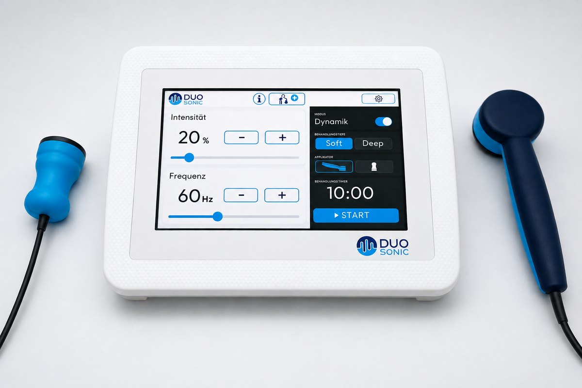 DuoSonic DS-100 von vorn: Touchdisplay mit Intensität, Frequenz, Dynamik-Modus, Behandlungstiefe und Timer, links der kleine und rechts der große Applikator