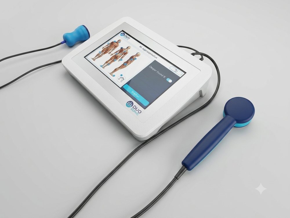 DuoSonic mit geöffneter Körperkarte auf dem Touchdisplay, auf der Muskeln und Triggerpunkte ausgewählt werden