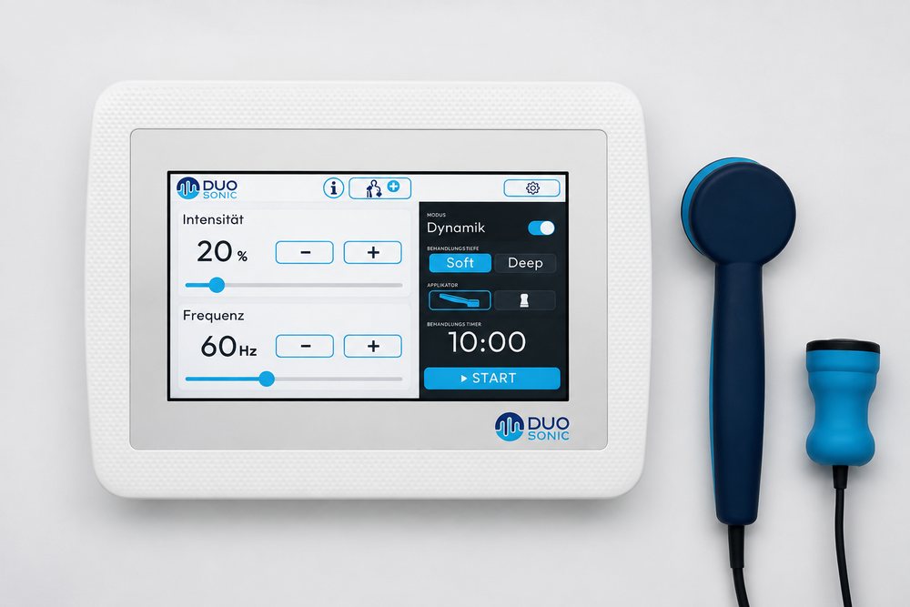 DuoSonic DS-100 von oben: Touchdisplay mit den Einstellungen für Intensität, Frequenz, Dynamik-Modus, Behandlungstiefe und Timer, daneben der große und der kleine Applikator