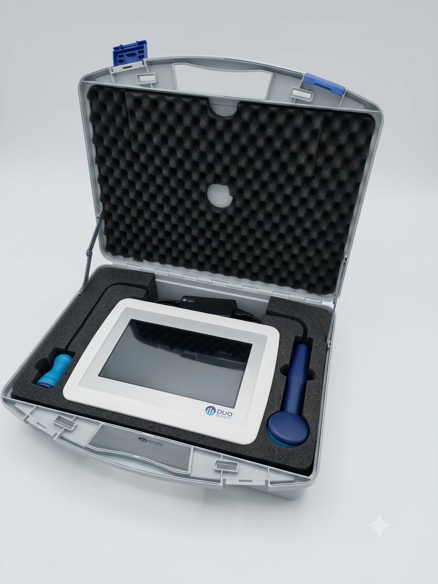 Geöffneter Transportkoffer des DuoSonic mit eingelegtem Gerät, beiden Applikatoren und Netzteil in konturierter Schaumstoffeinlage