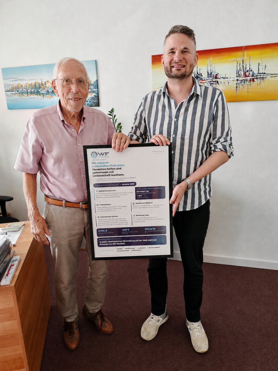 Werner Böhringer und Felix Dieffenbacher, Geschäftsführer der WF-Medical GmbH, mit der gerahmten Unternehmensvision
